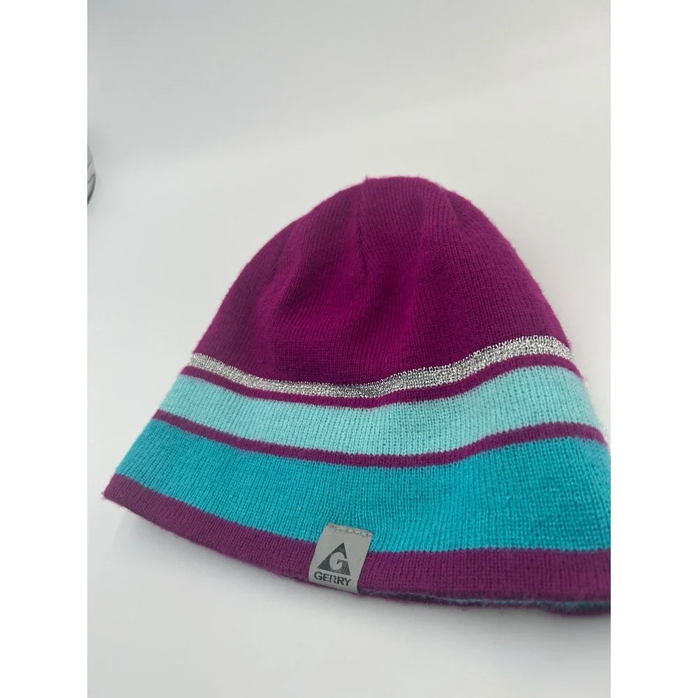 Gerry Beanie Purple Teal Blue Striped Knit Hat Silver Metallic Accent B981